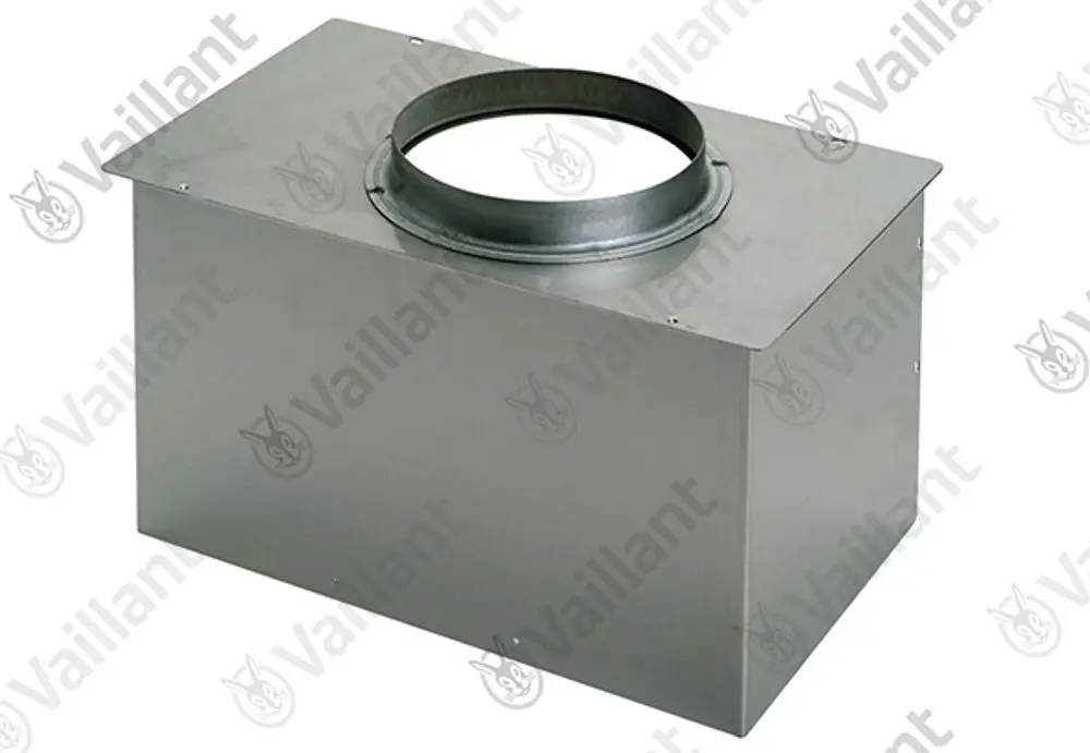 Metallene Strömungssicherung von Vaillant mit rundem Anschluss oben und rechteckigem Gehäuse. Geeignet für Lüftungsanlagen.